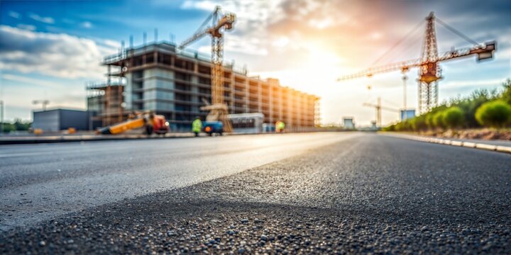 Construction Site Blur: A blurred construction site with asphalt, suggesting development and progress for product displays.

