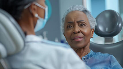 Obraz premium Close-up of a senior African American woman smiling warmly while discussing dental care options with her dentist in a modern dental clinic. Ai generated