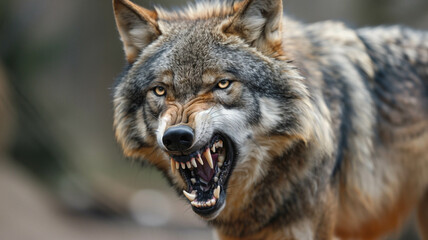 Fototapeta premium Detailed close up of an angry wolf growling, mouth open, sharp teeth and fierce eyes. Ai generated