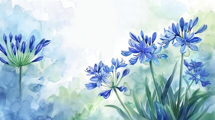 Watercolor scene featuring blue agapanthus flowers in a serene summer garden, with ample copyspace for promotional banners