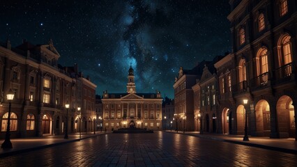 Nighttime Town Square with Historical Buildings and Starry Sky
