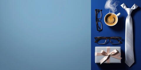 A flat lay of a blue tie, glasses, a steaming cup of coffee, and wrapped gift boxes on a light blue background. Perfect for Father’s Day