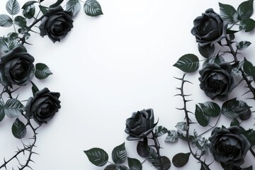 A close-up shot of a bouquet of black roses on a white background, perfect for use in dark or mysterious themed designs