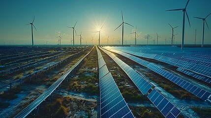 Fototapeta premium Detailed close-up of solar panels with wind turbines in the background, capturing the combined renewable energy setup, with sunlight creating dynamic reflections on the panels, clear blue sky, hd qual