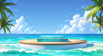 A 3D sea display platform Beach podium summer background product . Beach podium summer banner stand with sky holiday vacation stage water island sun travel pedestal promotion presentation ad. 