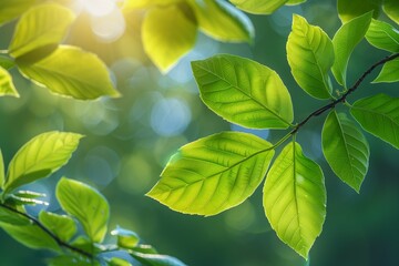 Sunlight Illuminating Green Leaves on a Branch in a Forest