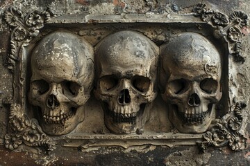 A group of three skulls sitting on top of a wall, perfect for use in Halloween-themed designs and decorations