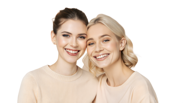 "Successful Friends Together" - Two young women smiling, representing unity and accomplishment.