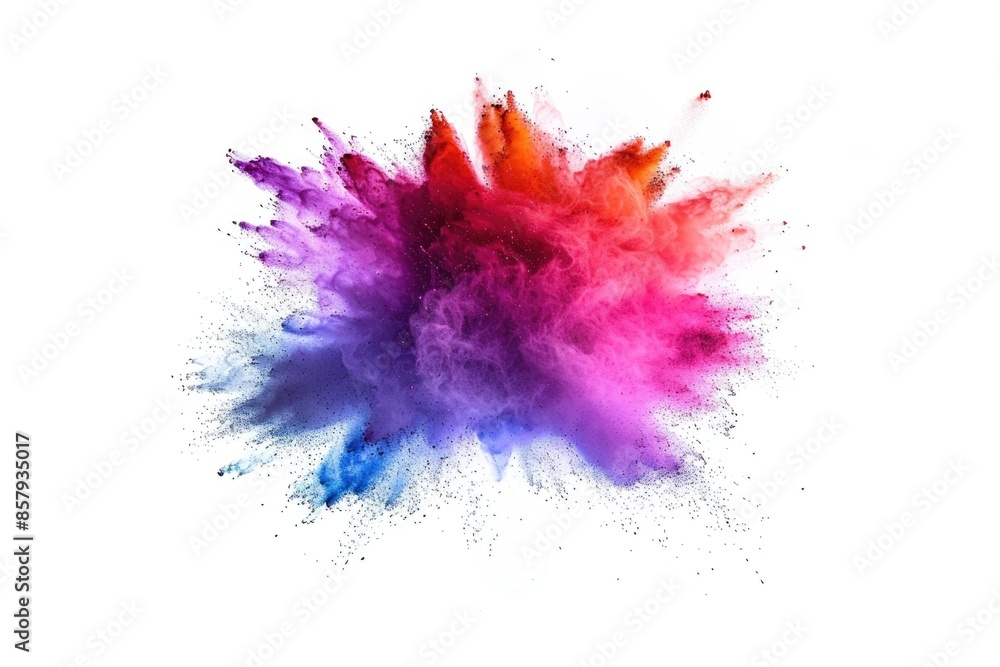 Poster A vibrant and dynamic image of a colorful explosion of powder on a white background, great for use in designs related to celebrations, parties, or special events
