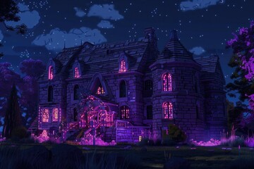 A medieval castle illuminated by vibrant purple lighting, perfect for use in nighttime scenes or fantasy settings