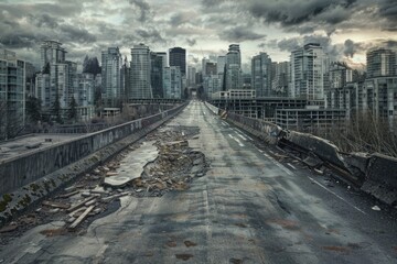 A long and straight highway with a city skyline in the distance