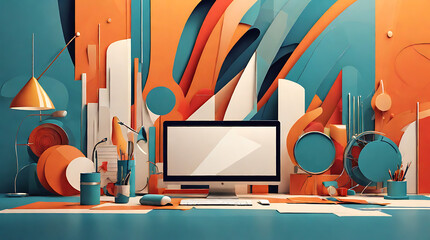 Abstract Design art concept contemporary modern background business graphic idea. Work concept art design with retro office poster and team success digital ad artwork

