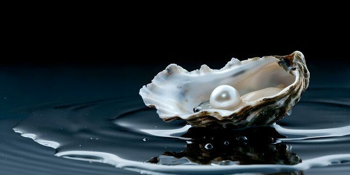 Reflective black background with water droplets on oyster shell containing a pearl. Concept Reflective background, Black backdrop, Water droplets, Oyster shell, Pearl