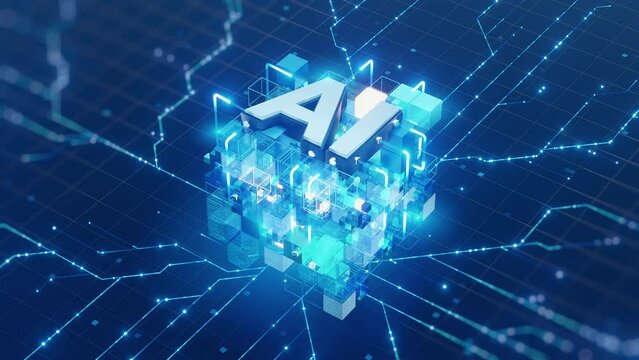 A conceptual illustration of AI integration with a big data network, featuring interconnected glowing blue cubes and advanced data processing.