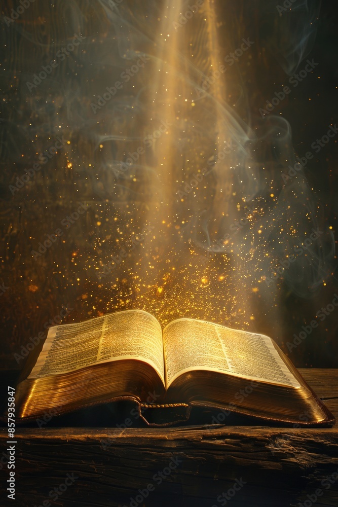 Poster An open book on a wooden table illuminated by a bright light, ideal for use in education and knowledge-sharing concepts