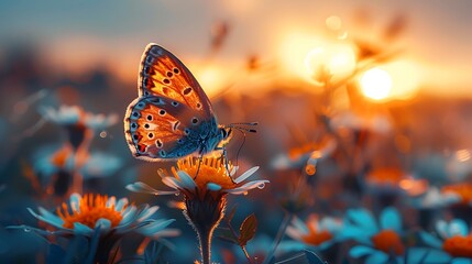 Solar panels in a close-up view with a butterfly resting on the surface, showcasing the delicate balance between technology and nature, with sunlight creating a soft glow, hd quality, natural look --a