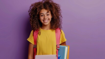 Fototapeta premium A young girl with curly hair is smiling and holding a backpack and several books