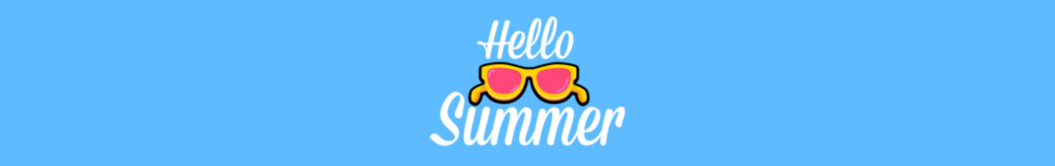 Fototapeta premium Super Hello summer wide banner with text and retro yellow sunglasses isolated on blue water wide background. Hello summer wide design template with cartoon sunglasses, beach, water pool , summer vibe