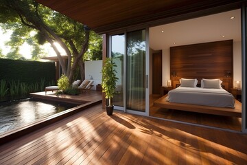 An elegant bedroom with a large bed, wooden floors and a balcony door opening onto a spacious terrace in a tropical resort.