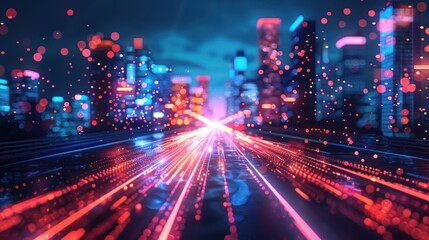 Fototapeta premium Cityscape with Glowing Lights and Red Lines