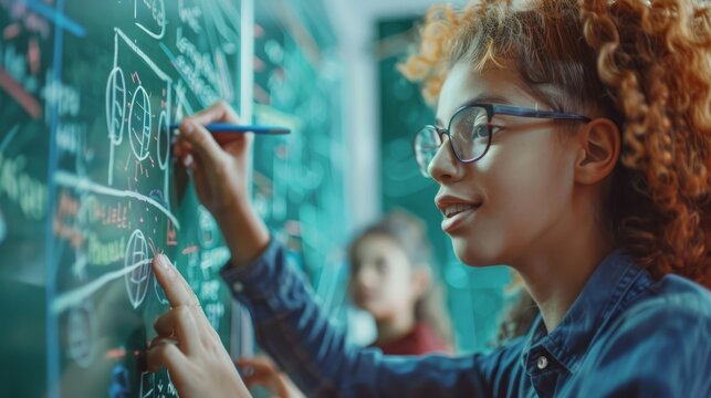 A teacher helping a student with a complex math problem on the board