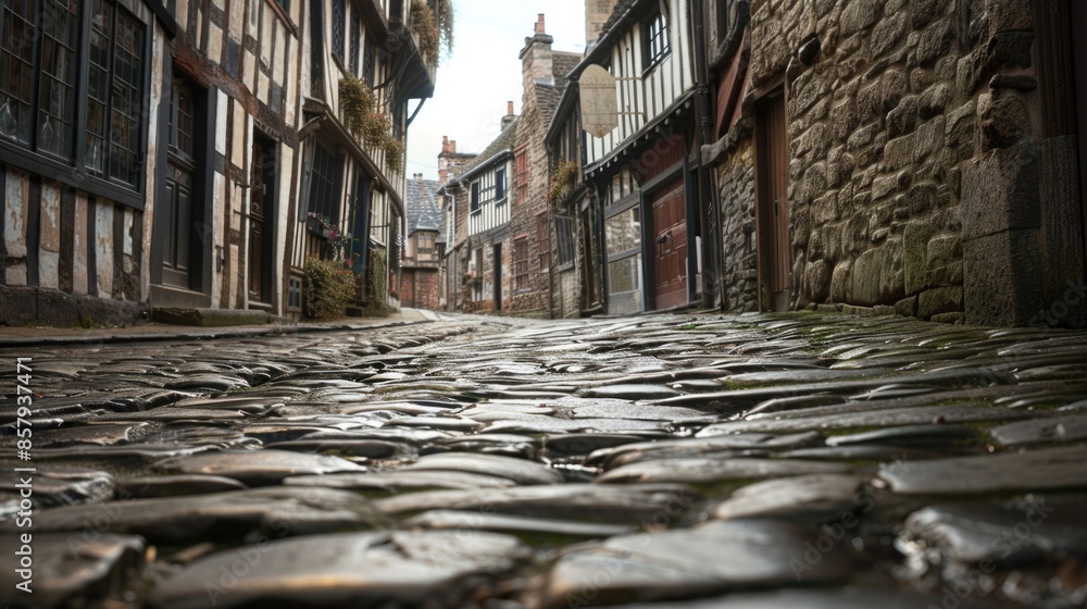 Poster A historic cobblestone street with a clock tower in the background, perfect for use in nostalgic or vintage-themed projects