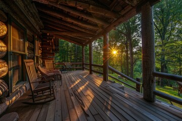 A cozy outdoor seating area with two wooden rocking chairs and a rustic wooden porch