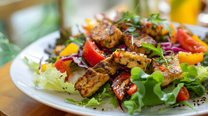 A plate of freshly made fast food tempeh with vibrant ingredients and rich flavors