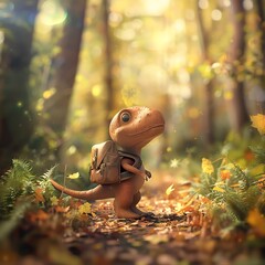 Cute cartoon dinosaur with a backpack exploring the autumn forest.