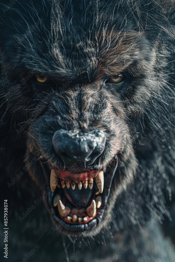 Poster A close-up shot of a wolf's open mouth, ideal for use in wildlife or nature-related contexts