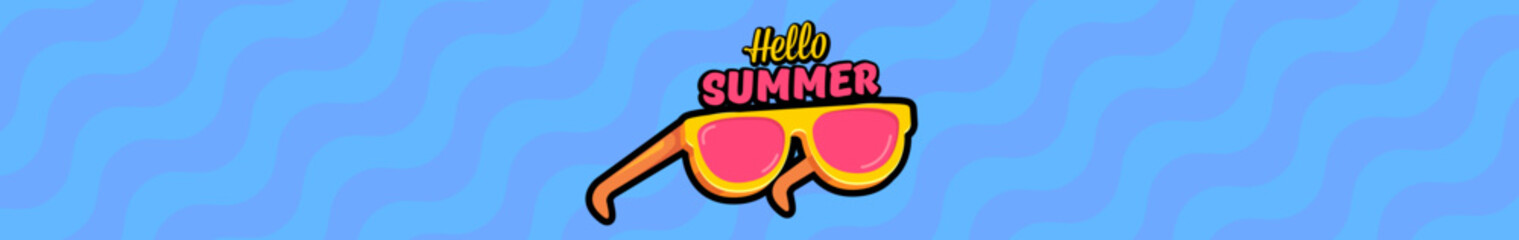 Fototapeta premium Super Hello summer wide banner with text and retro yellow sunglasses isolated on blue water wide background. Hello summer wide design template with cartoon sunglasses, beach, water pool , summer vibe