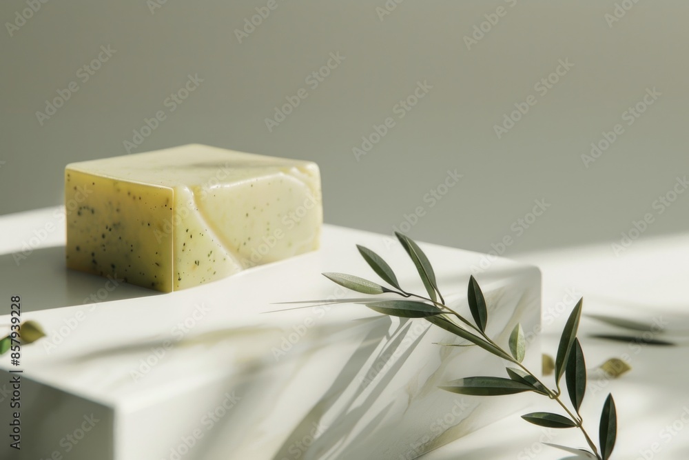 Poster a single bar of soap sits on a white plate, waiting for use