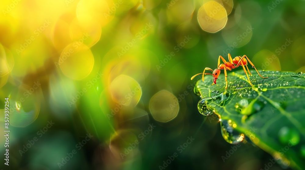 Wall mural The ant with dewdrop after rain on leave