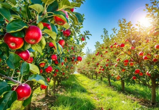Apple orchard in autumn green grass, beautiful scenery, green nature	