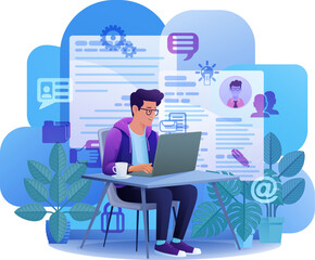 Man, person, remote working on laptop computer writing document possibly a resume or cv for online internet job search application recruitment agency website cartoon illustration.