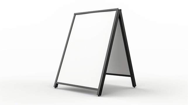 A blank white sandwich board street sign, standing vertically isolated on white background. Canvas mockup with copyspace for advertising or information display