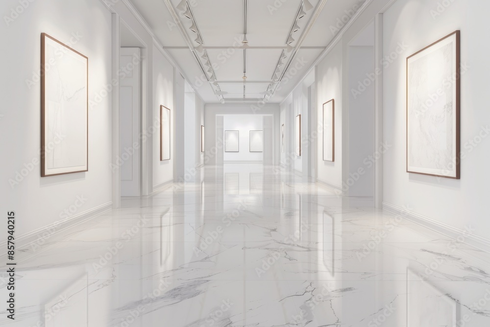 Poster a long corridor lined with picture frames displaying memories and moments from various eras