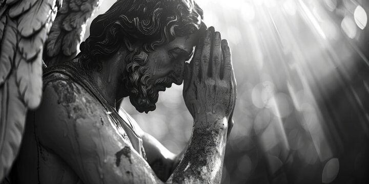 A sculpture of an angel with its hands covering its face, conveying sadness or despair