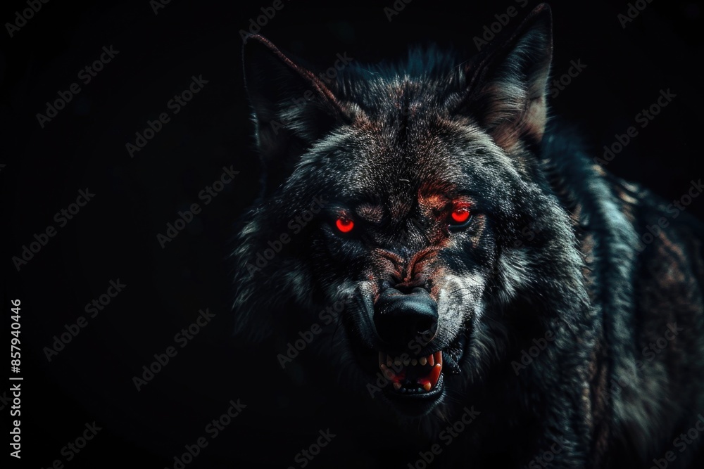 Poster a close-up image of a wolf showing its red eyes