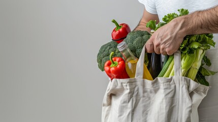 Healthy Nutrition Concept. Mature Man Holding Paper Bag With Groceries In Kitchen Interior
