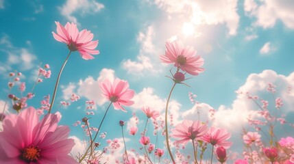 Naklejka premium Pink Cosmos Flowers Blooming in a Sunny Meadow