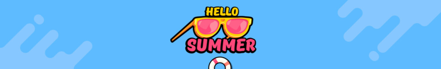 Fototapeta premium Super Hello summer wide banner with text and retro yellow sunglasses isolated on blue water wide background. Hello summer wide design template with cartoon sunglasses, beach, water pool , summer vibe