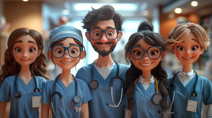 Diverse Team of Animated Medical Professionals in a Hospital Setting