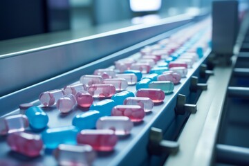 Obraz premium Automated Pharmaceutical Production Line with Pink and Blue Capsules