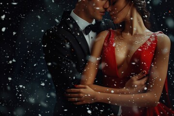 A man in a tuxedo and a woman in a red dress stand together in a snowy environment
