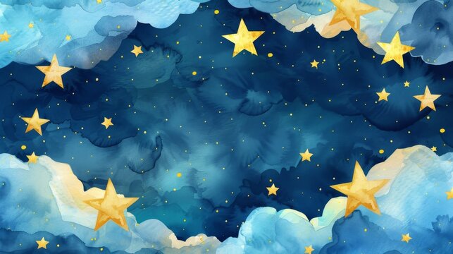 Yellow stars and crescent moon on blue night sky with clouds. Watercolor illustration