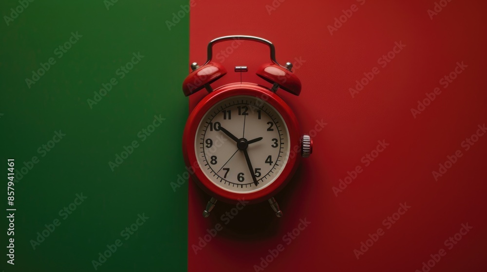 Poster a close-up image of a red alarm clock sitting atop a textured green and red wall