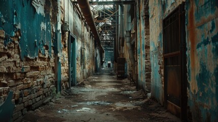 Fototapeta premium A dark and narrow alley in an old building with peeling paint