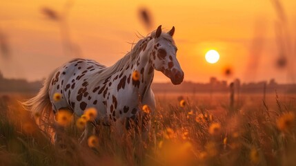 A horse with white and black spots is standing in a field of yellow flowers