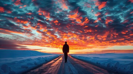 Obraz premium A person walking down a snowy road during sunset, great for winter scenes or travel stock photos